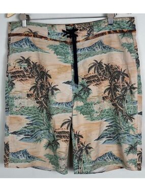 Rein Spooner Mens Tropical Palm Tree Board Shorts Mens Size‎ 34 Swim Brown Green